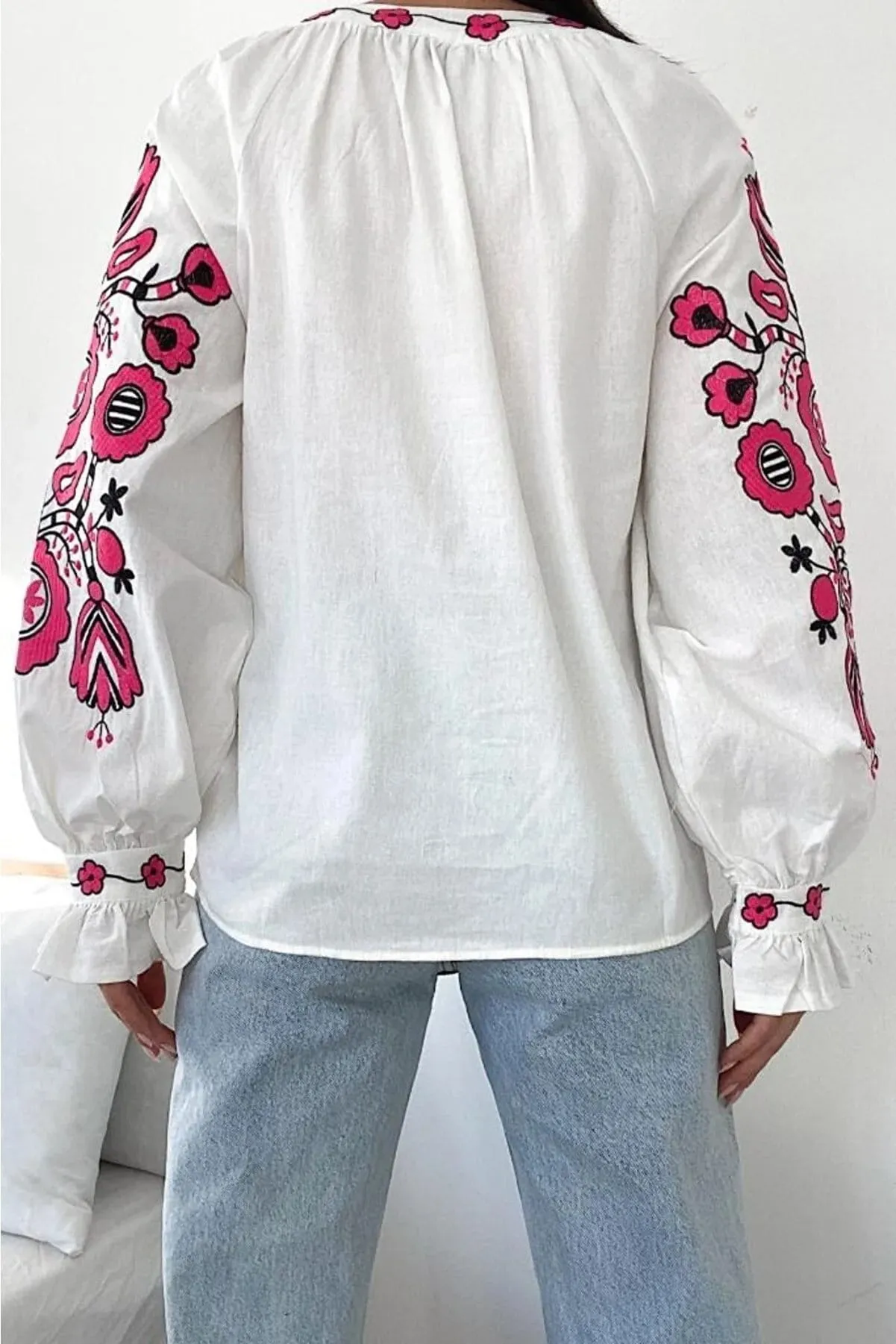 Pink Floral Embroidery Cotton Peasant Blouse