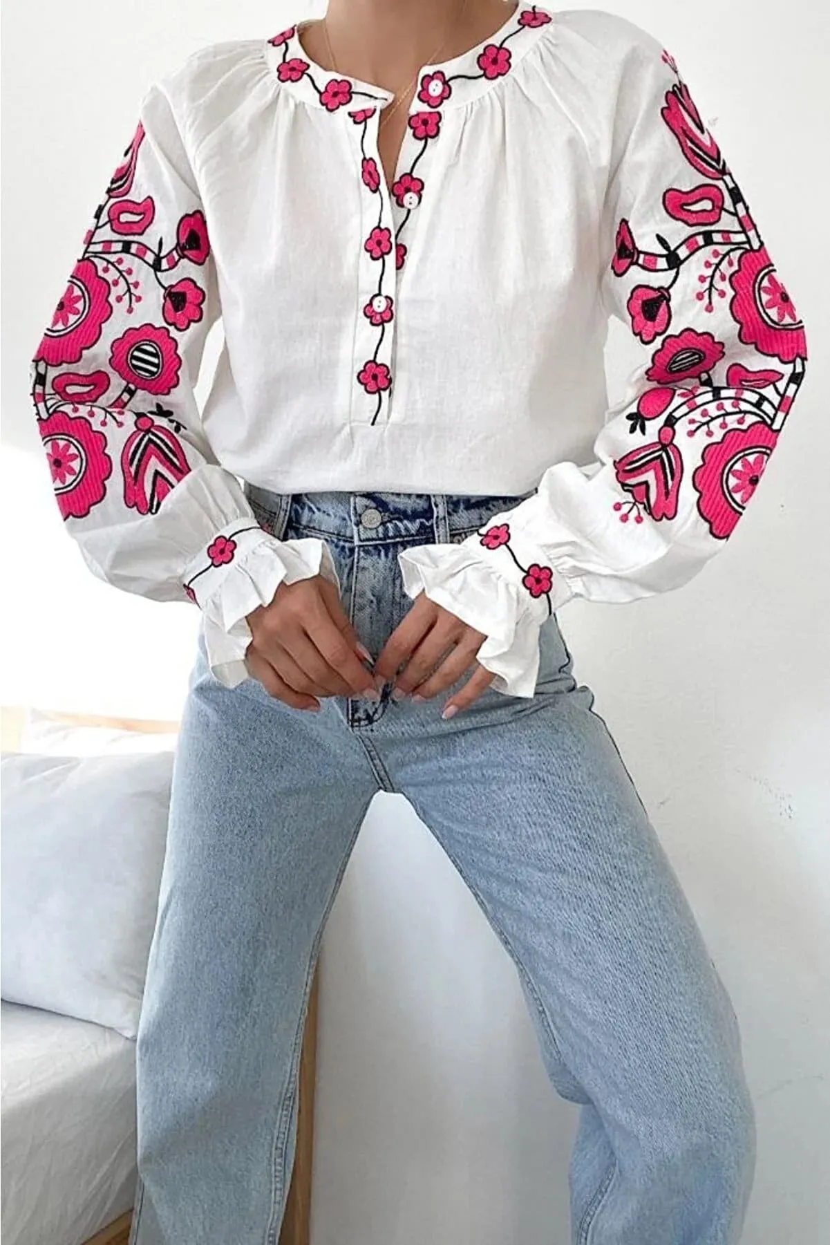 Pink Floral Embroidery Cotton Peasant Blouse