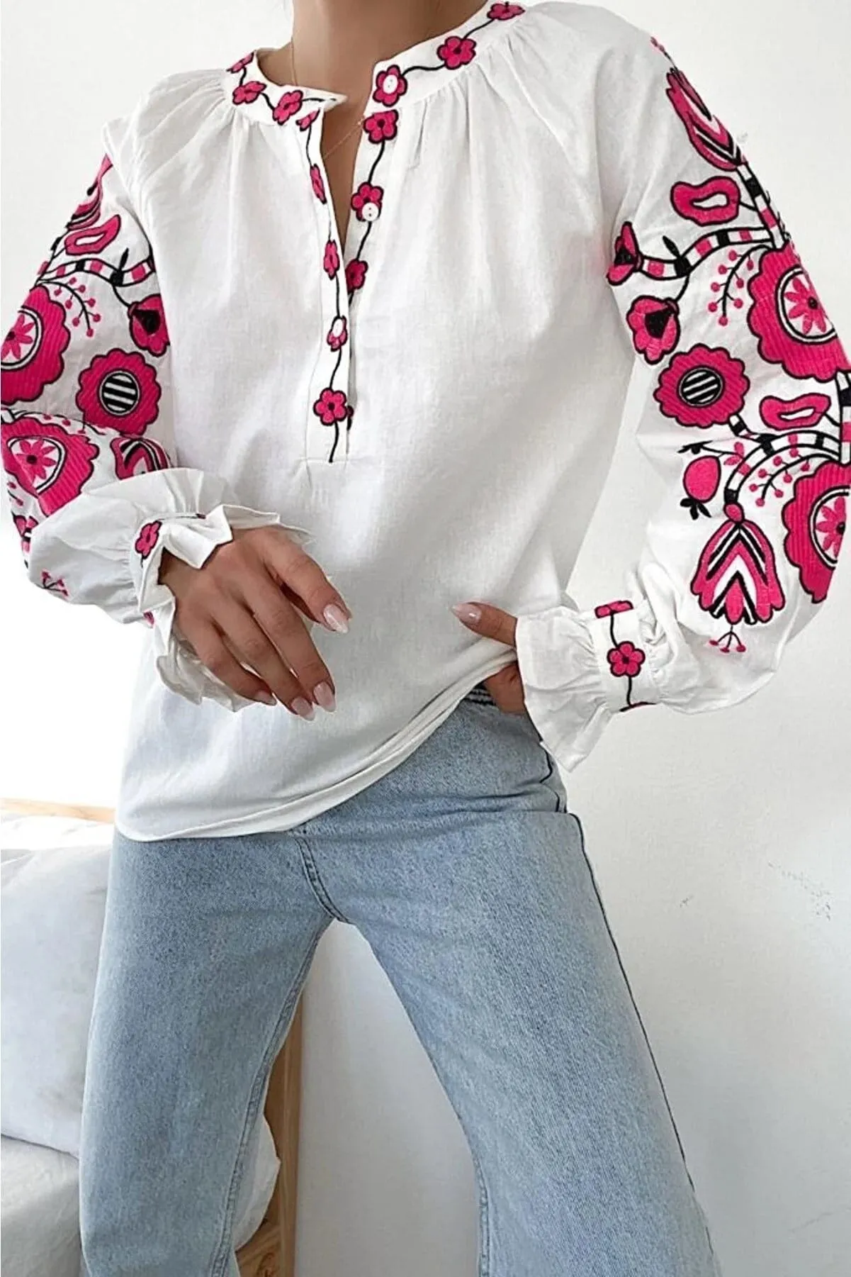 Pink Floral Embroidery Cotton Peasant Blouse