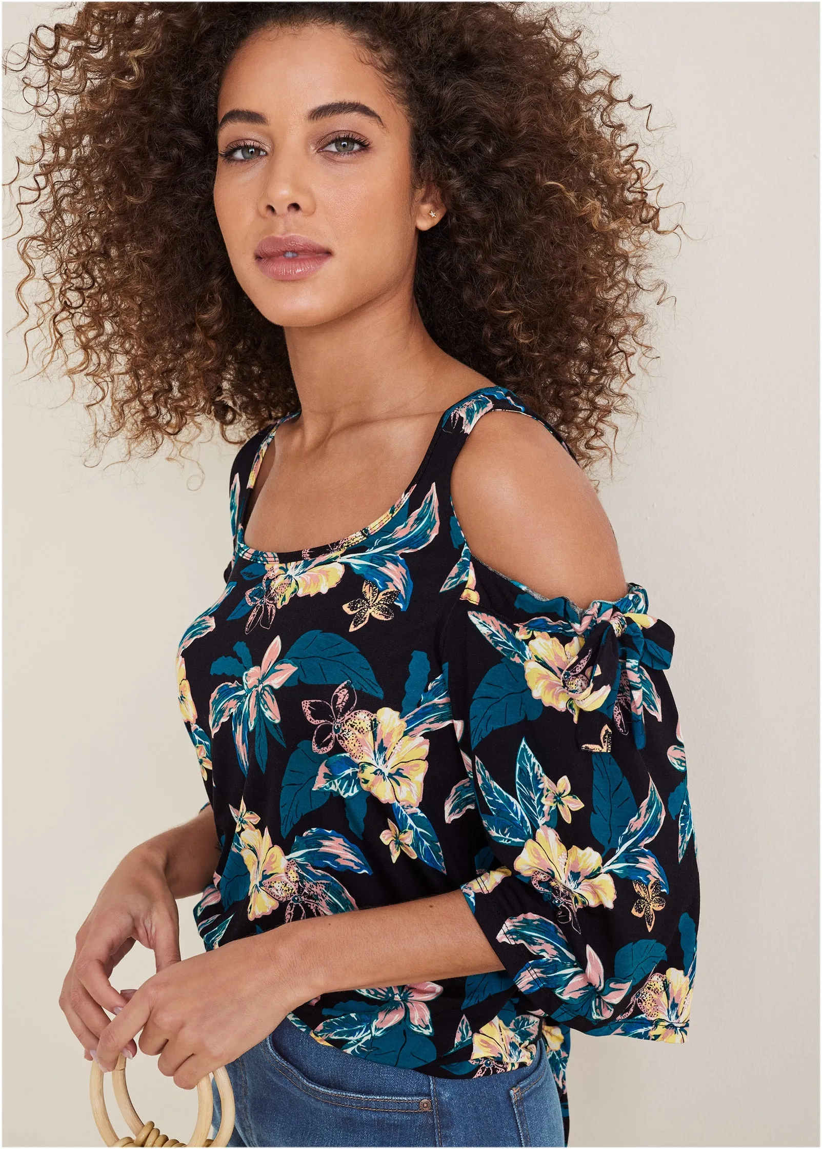 Printed Cold-Shoulder Top - Blue Multi