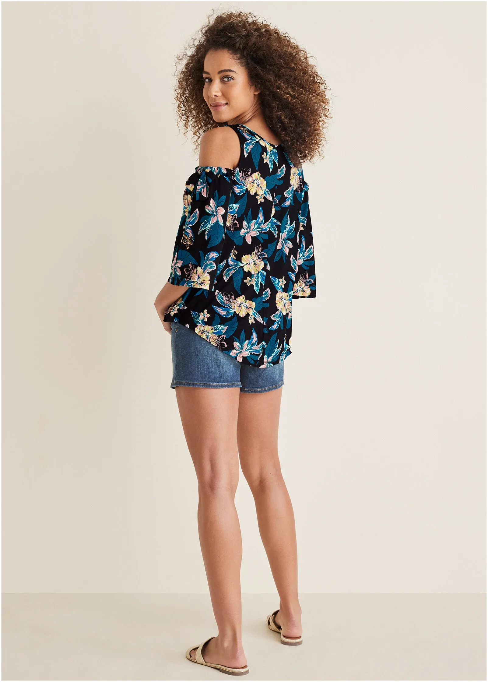 Printed Cold-Shoulder Top - Blue Multi