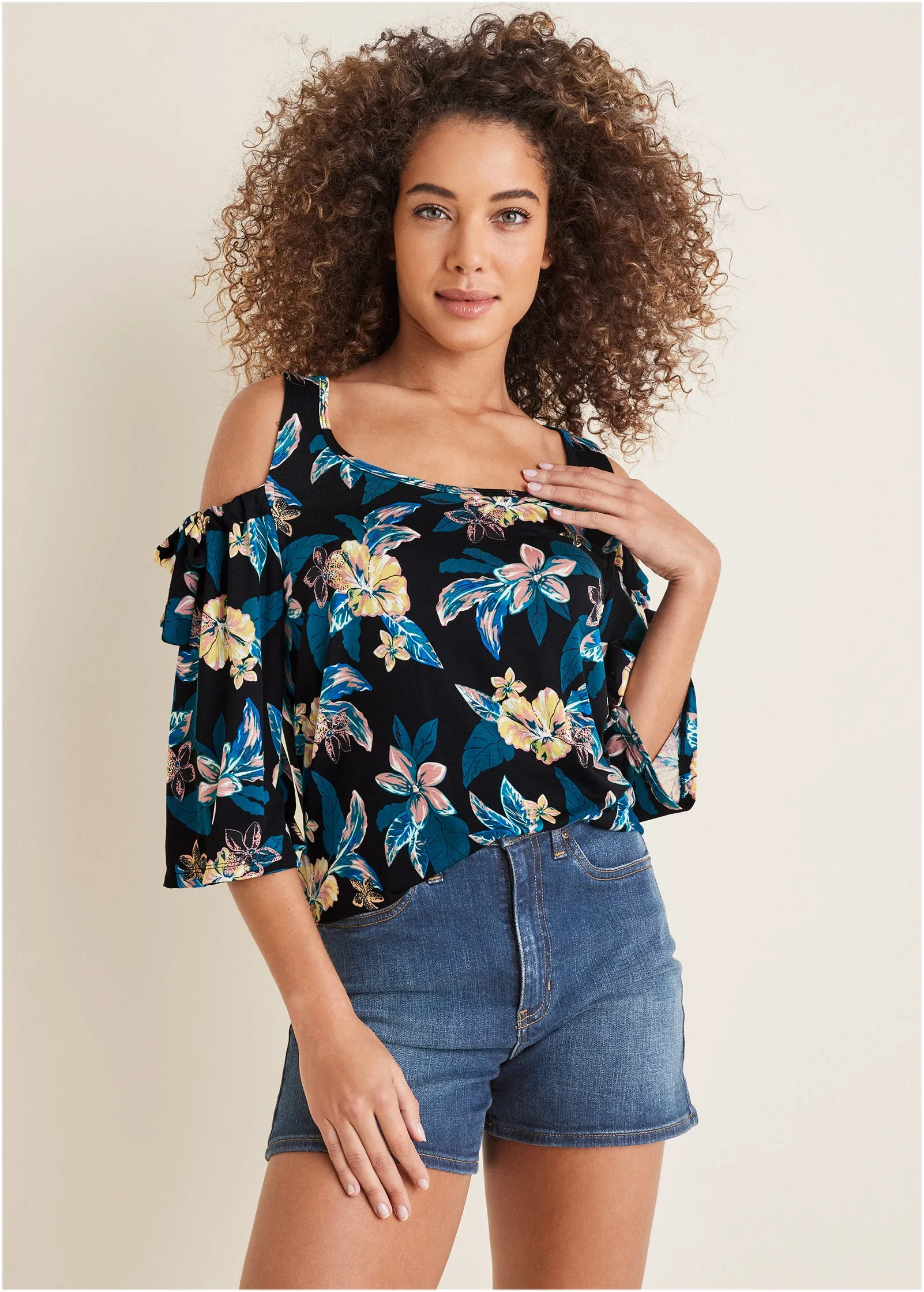 Printed Cold-Shoulder Top - Blue Multi