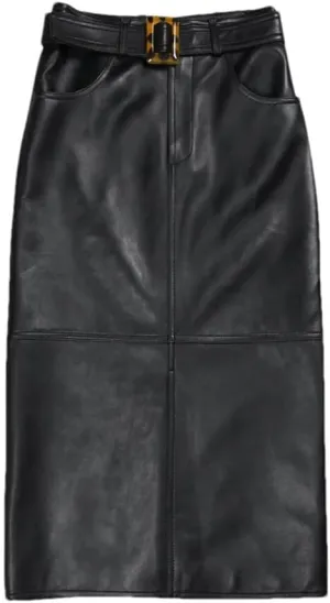 Pulcykp Women Leather Pencil Skirt Harajuku High Waist Leopard Belt Wrap Skirt Bodycon Solid Midi Skirt