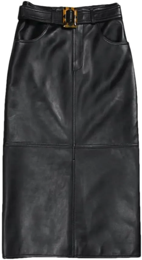 Pulcykp Women Leather Pencil Skirt Harajuku High Waist Leopard Belt Wrap Skirt Bodycon Solid Midi Skirt