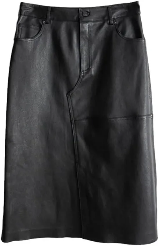 Pulcykp Women Real Leather Slim Midi Skirt High Waist Elastic Knee-Length Skirt Solid Pockets Wrap Skirt