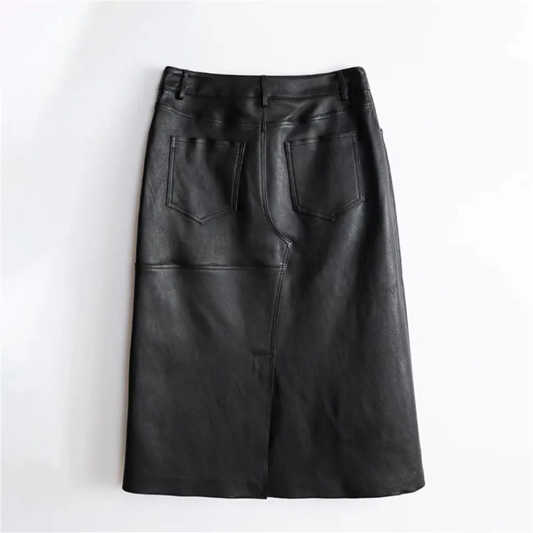Pulcykp Women Real Leather Slim Midi Skirt High Waist Elastic Knee-Length Skirt Solid Pockets Wrap Skirt