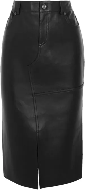 Pulcykp Women Real Leather Slim Midi Skirt High Waist Elastic Knee-Length Skirt Solid Pockets Wrap Skirt