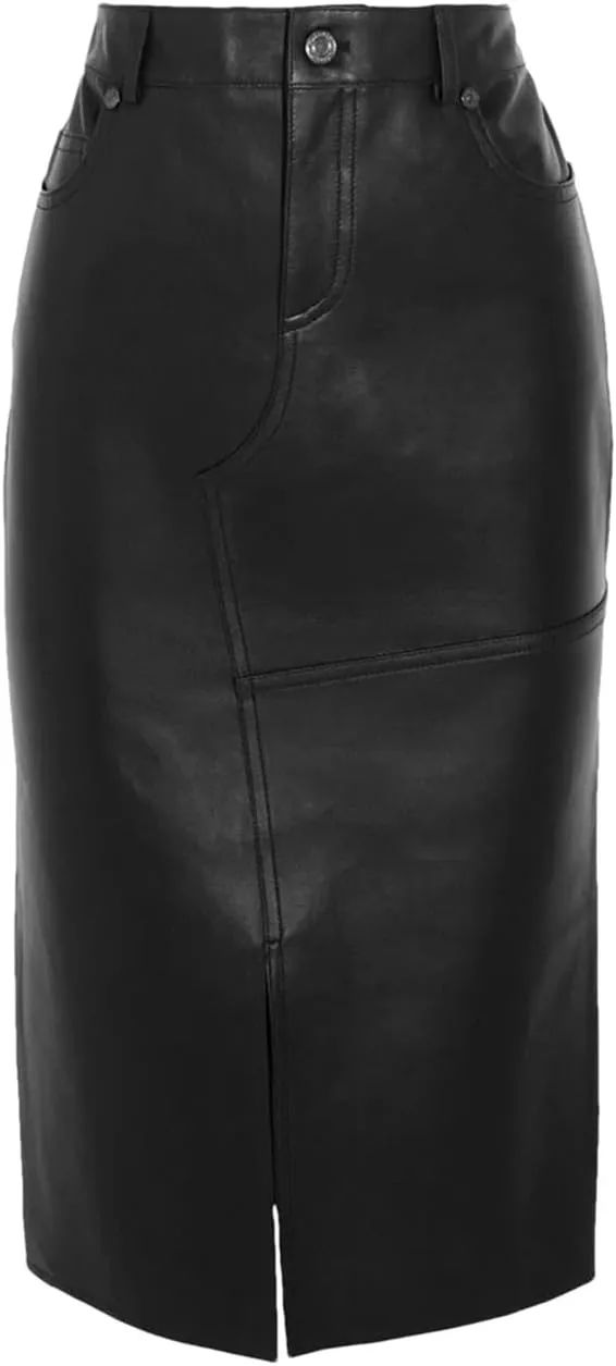 Pulcykp Women Real Leather Slim Midi Skirt High Waist Elastic Knee-Length Skirt Solid Pockets Wrap Skirt