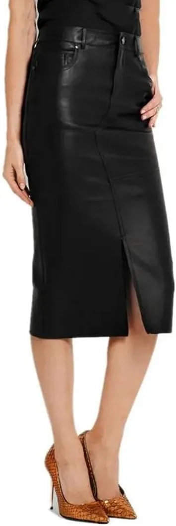 Pulcykp Women Real Leather Slim Midi Skirt High Waist Elastic Knee-Length Skirt Solid Pockets Wrap Skirt