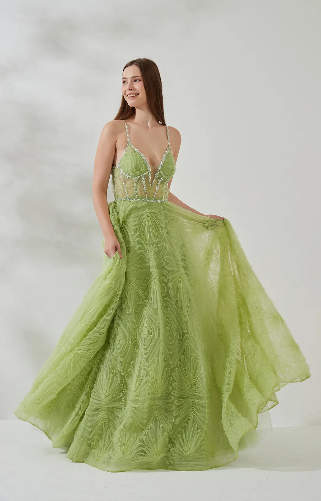 Sequin-trimmed Spaghetti Straps Backless Sweep Train Prom Dress