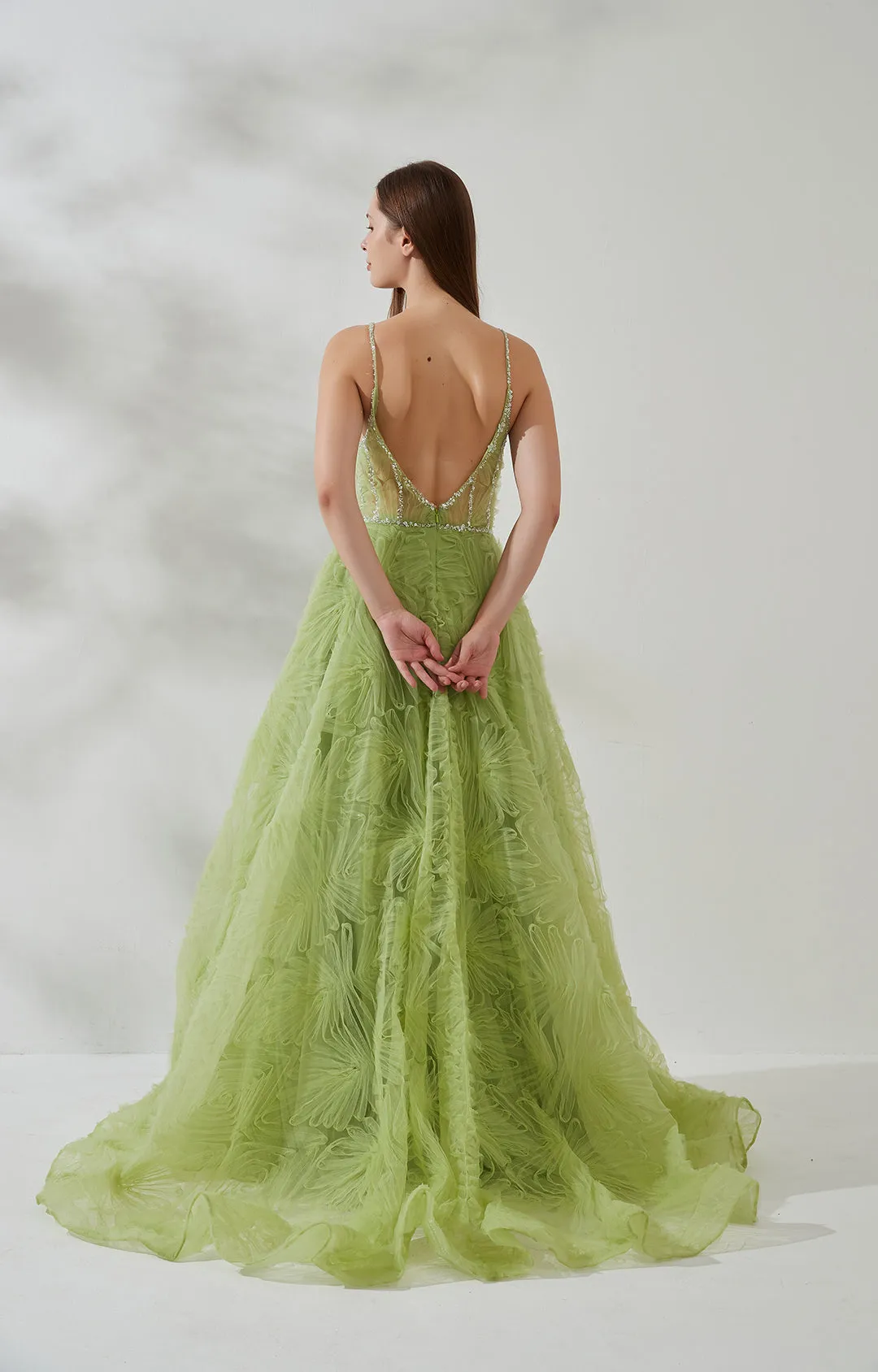 Sequin-trimmed Spaghetti Straps Backless Sweep Train Prom Dress