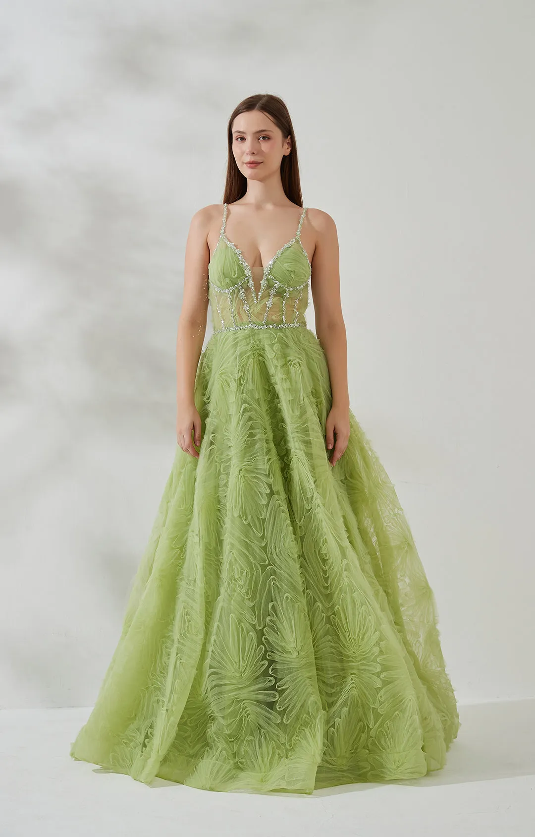 Sequin-trimmed Spaghetti Straps Backless Sweep Train Prom Dress