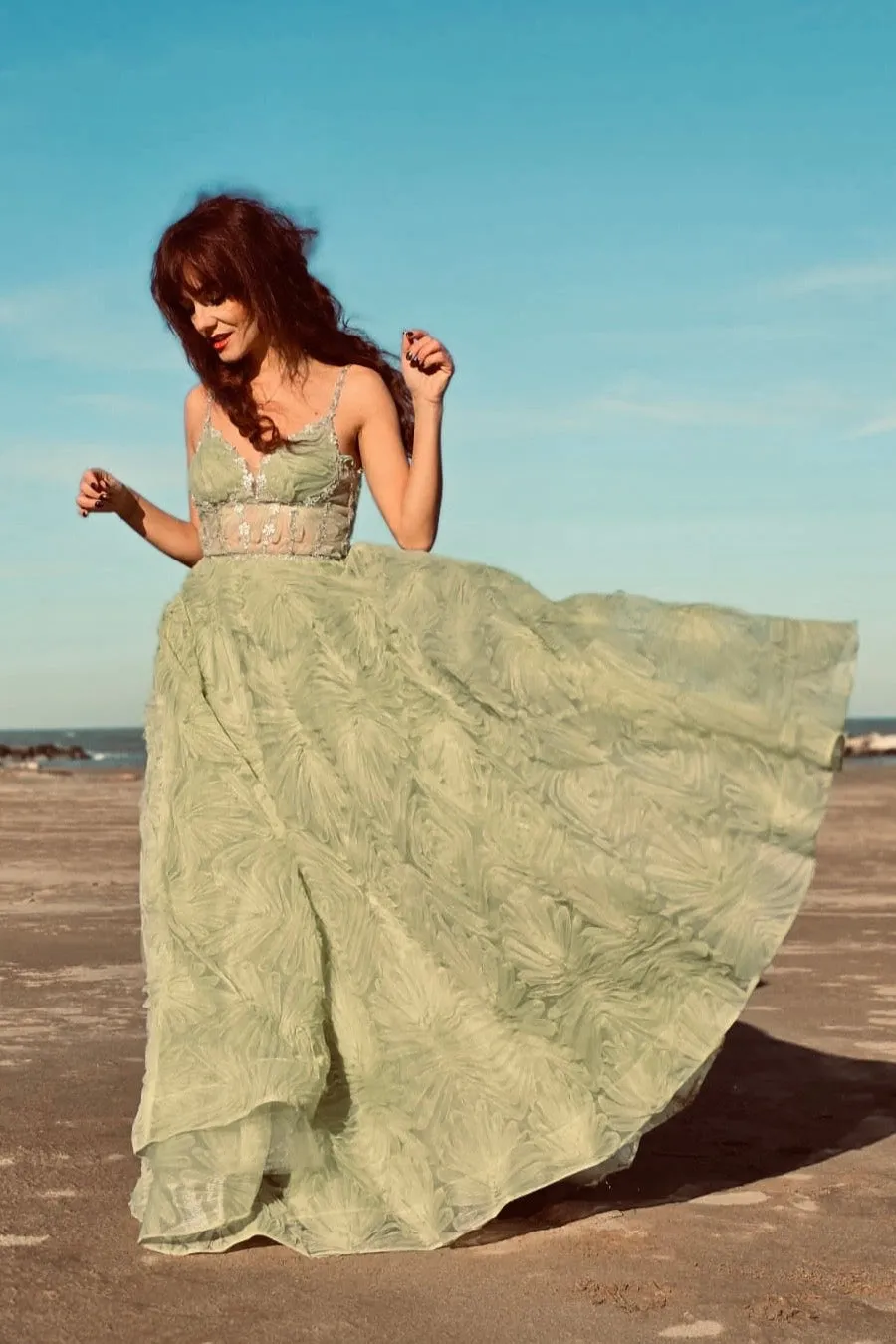 Sequin-trimmed Spaghetti Straps Backless Sweep Train Prom Dress