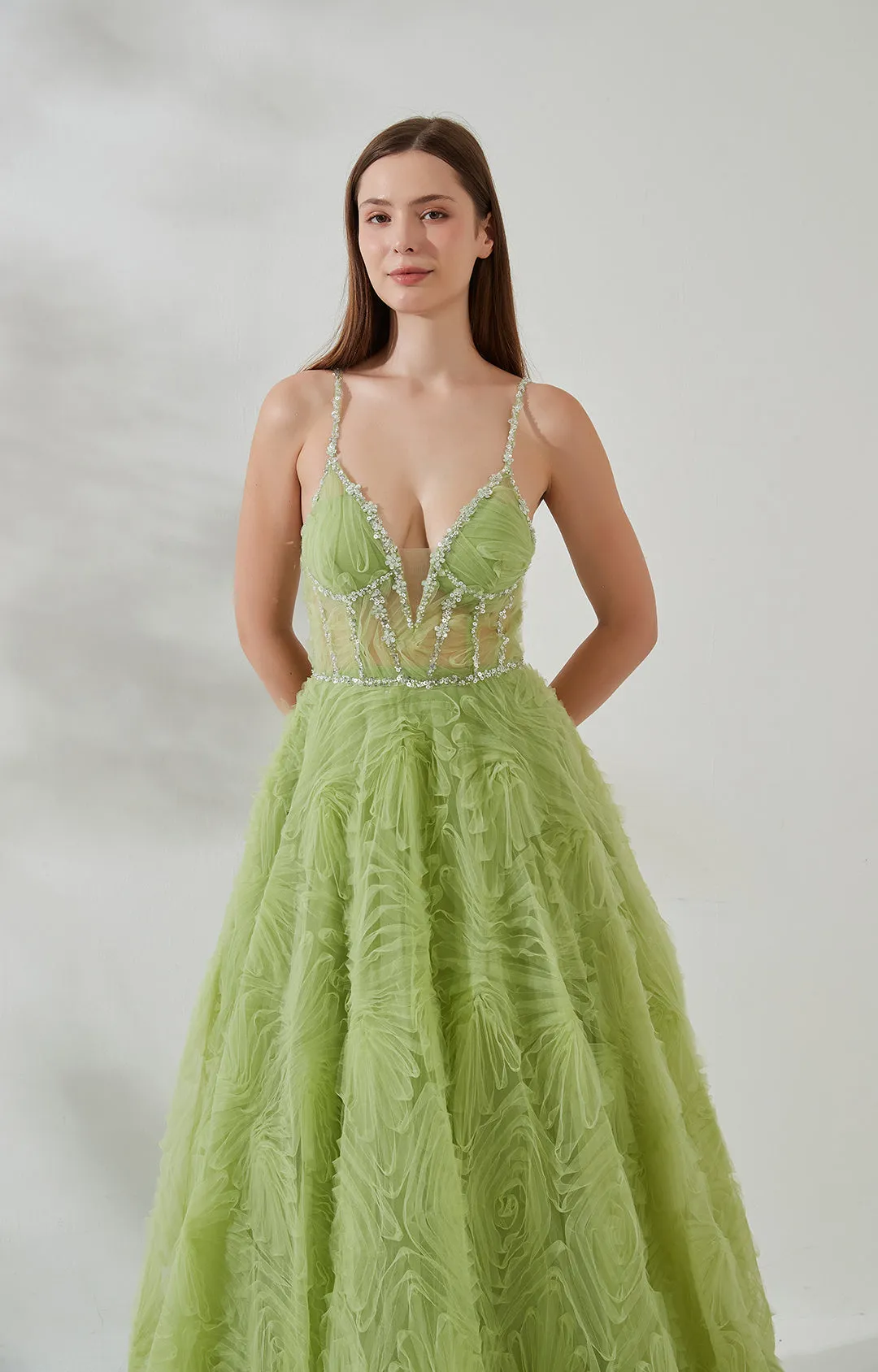 Sequin-trimmed Spaghetti Straps Backless Sweep Train Prom Dress