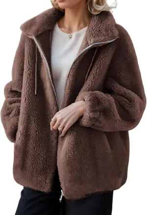 Sherpa Jackets for Women Fuzzy Fleece Zip Up Hoodie Oversized Winter Warm Teddy Coats Outdoor Outerwear