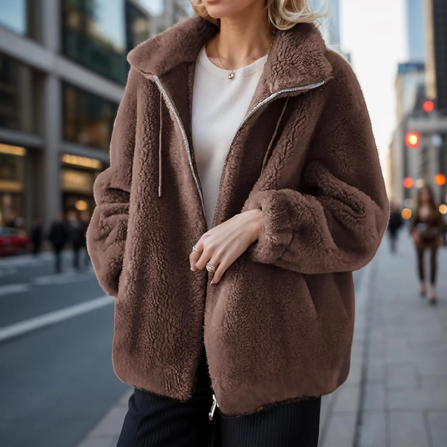 Sherpa Jackets for Women Fuzzy Fleece Zip Up Hoodie Oversized Winter Warm Teddy Coats Outdoor Outerwear