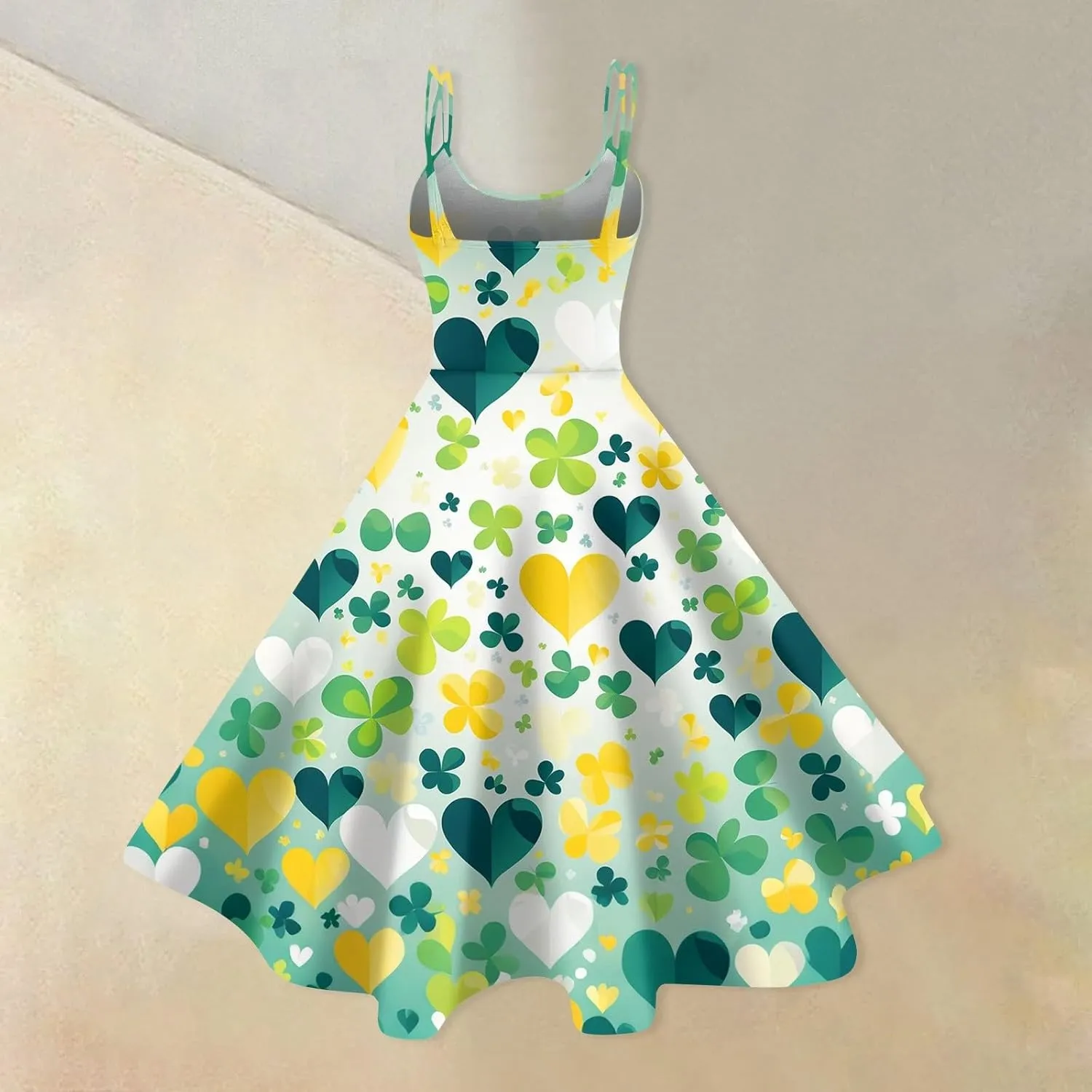 St Patricks Dress Ladies Dressy Vintage Sleeveless Midi Off Shoulder A-Line Swing Shamrock Print Dresses