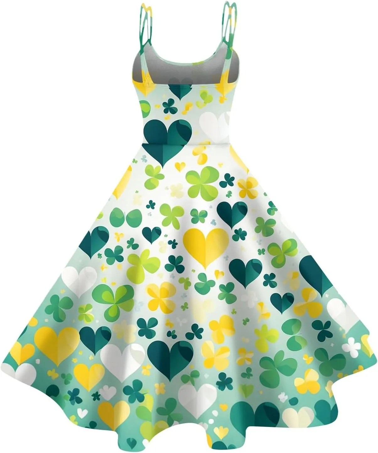 St Patricks Dress Ladies Dressy Vintage Sleeveless Midi Off Shoulder A-Line Swing Shamrock Print Dresses