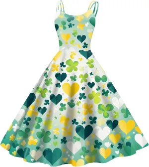 St Patricks Dress Ladies Dressy Vintage Sleeveless Midi Off Shoulder A-Line Swing Shamrock Print Dresses