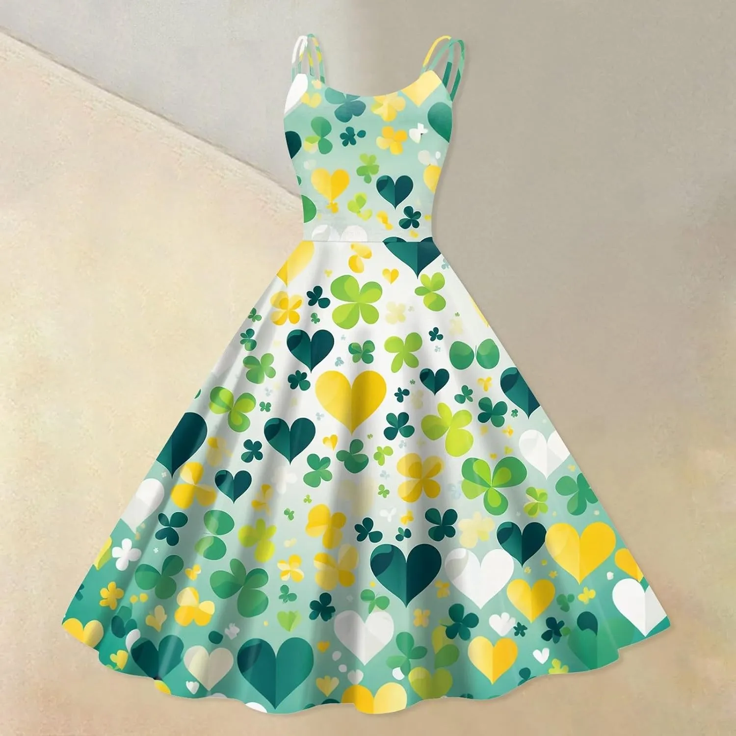 St Patricks Dress Ladies Dressy Vintage Sleeveless Midi Off Shoulder A-Line Swing Shamrock Print Dresses