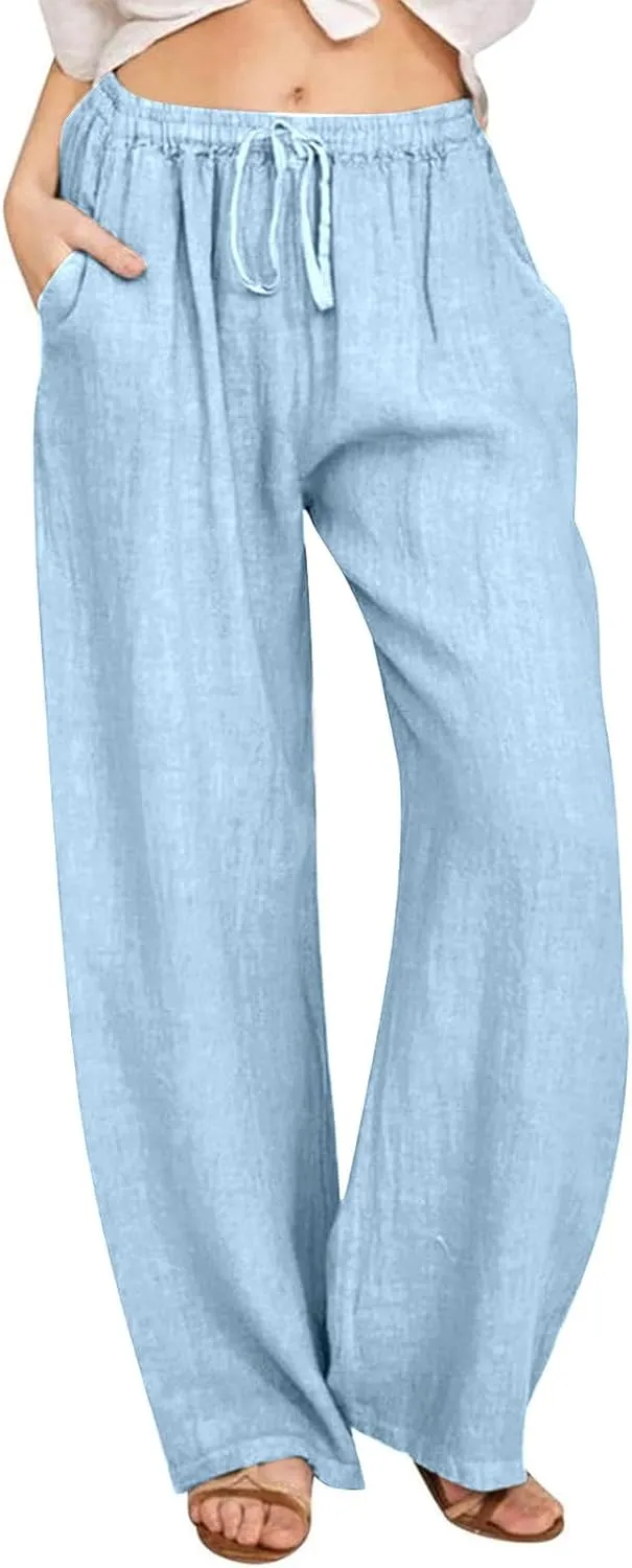 TARIENDY Women Summer Pants Casual Wide Leg High Waisted Trousers Loose Comfy Drawstring Lounge Palazzo Pant with Pockets