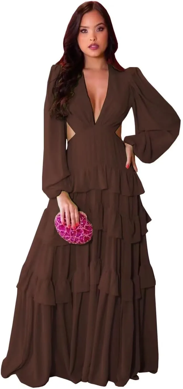 V Neck Prom Dresses Chiffon A Line Long Sleeve Ruffle Formal Evening Party Gowns