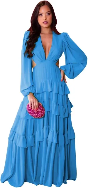 V Neck Prom Dresses Chiffon A Line Long Sleeve Ruffle Formal Evening Party Gowns