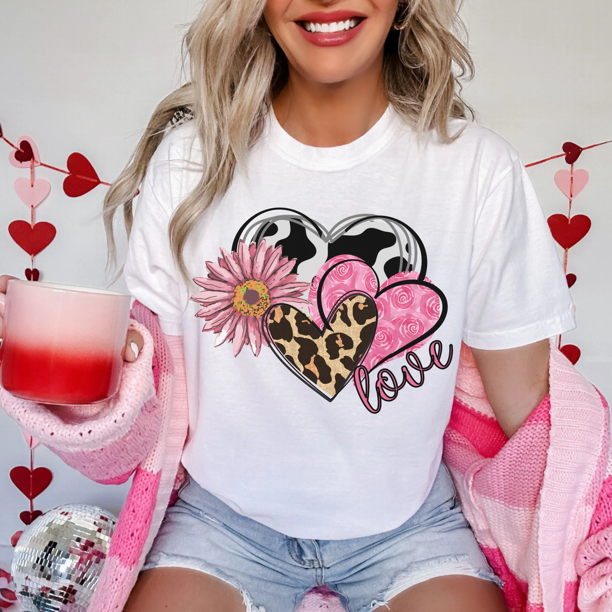 Valentine's Day Women's Comfort Colors T-Shirt, Gift for Her, Comfy Tee, Always Free Shipping, Western Hearts and Flowers Design