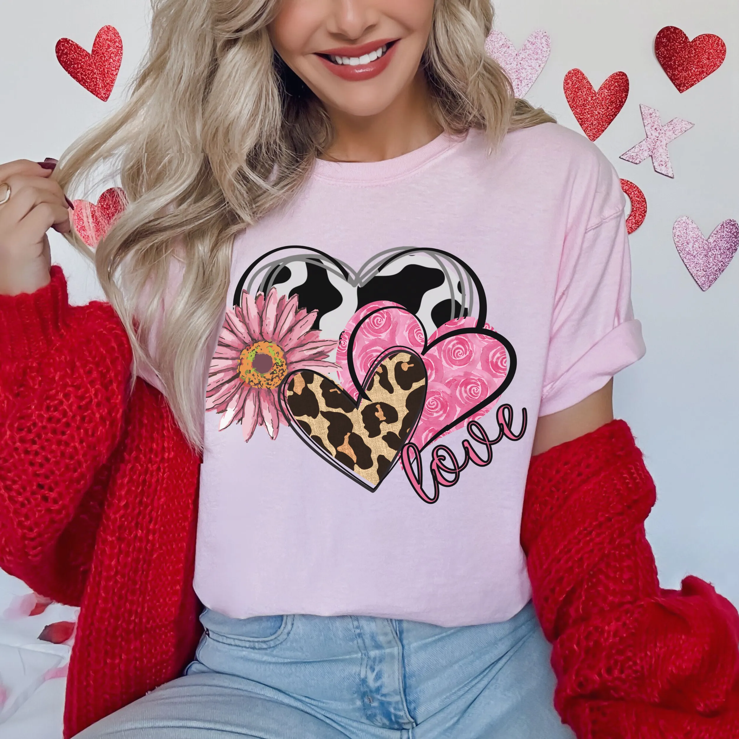 Valentine's Day Women's Comfort Colors T-Shirt, Gift for Her, Comfy Tee, Always Free Shipping, Western Hearts and Flowers Design