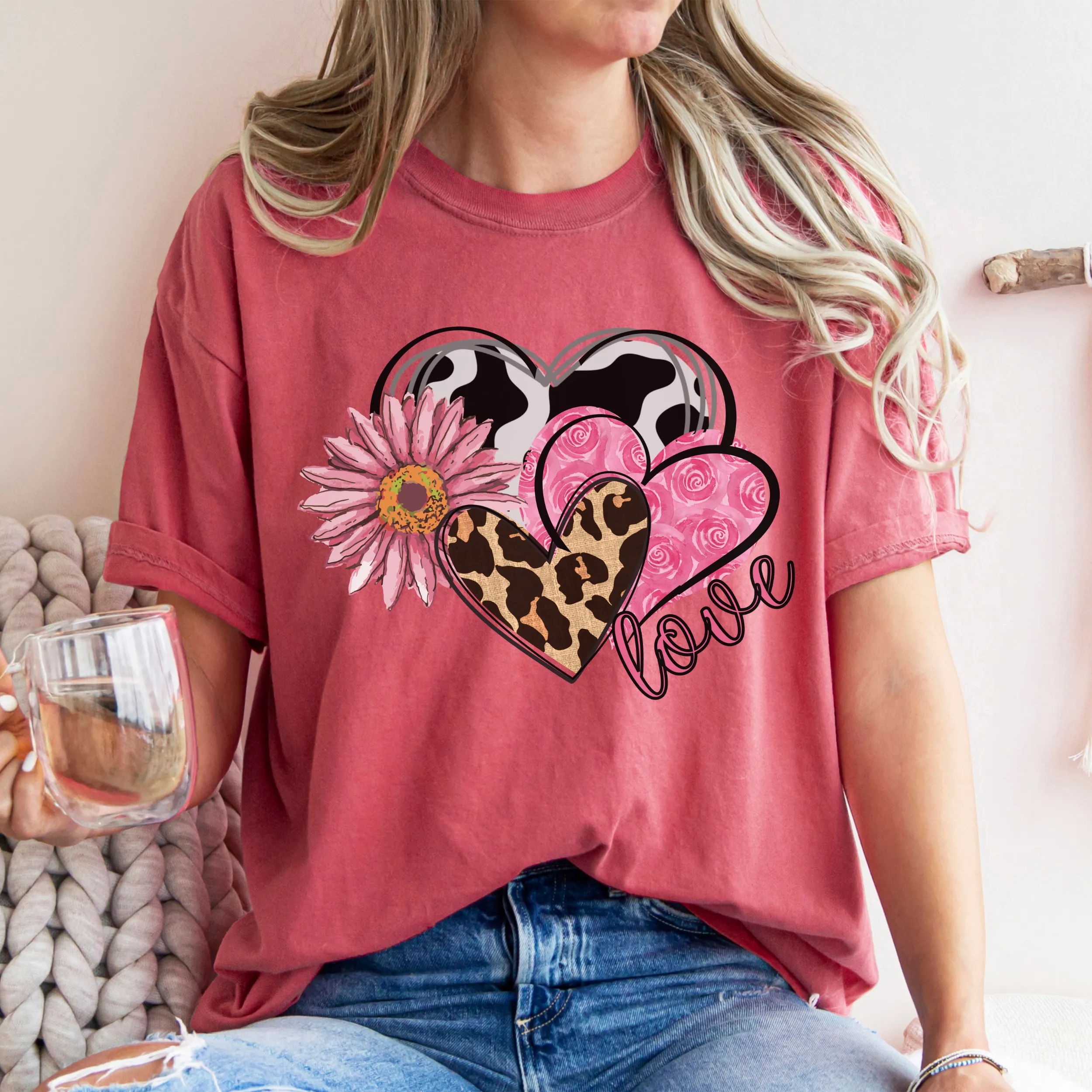Valentine's Day Women's Comfort Colors T-Shirt, Gift for Her, Comfy Tee, Always Free Shipping, Western Hearts and Flowers Design