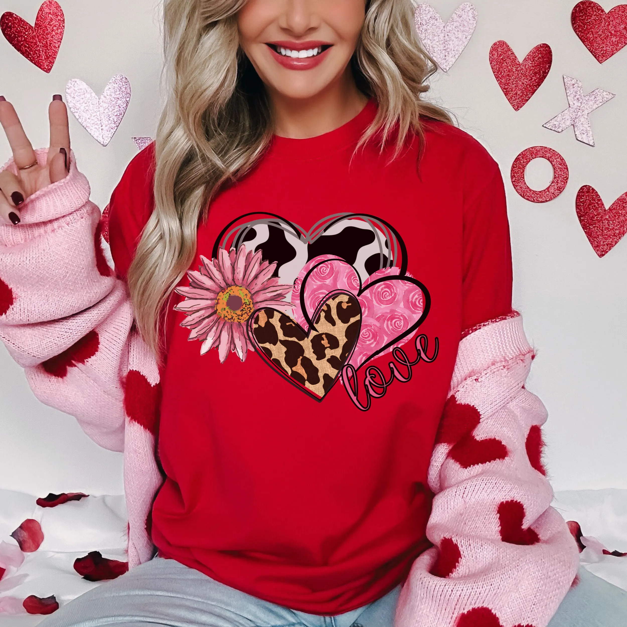 Valentine's Day Women's Comfort Colors T-Shirt, Gift for Her, Comfy Tee, Always Free Shipping, Western Hearts and Flowers Design
