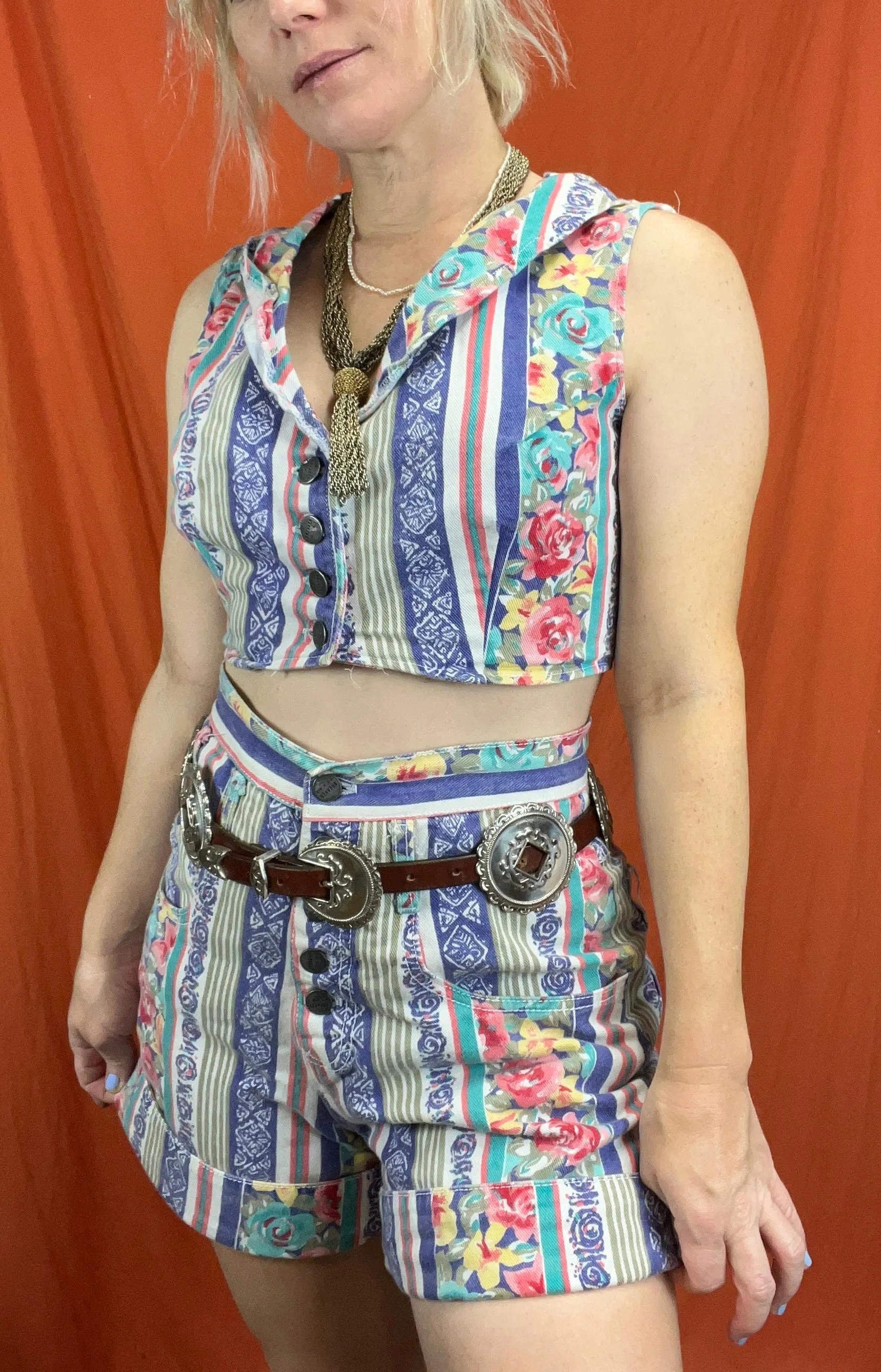 Vintage 90s Crop Top and High Waisted Shorts Denim 2 Piece Set