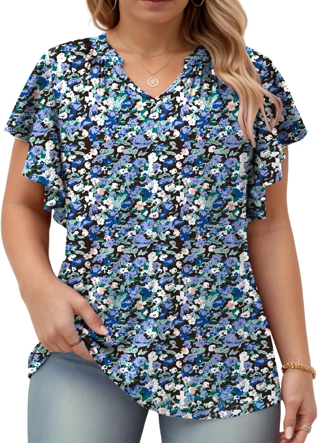 VISLILY Womens-Plus-Size-Summer-Tops Flowy Ruffle Short Sleeve T Shirts Cute Notched V Neck Tunics Casual Blouses Tee XL-5XL