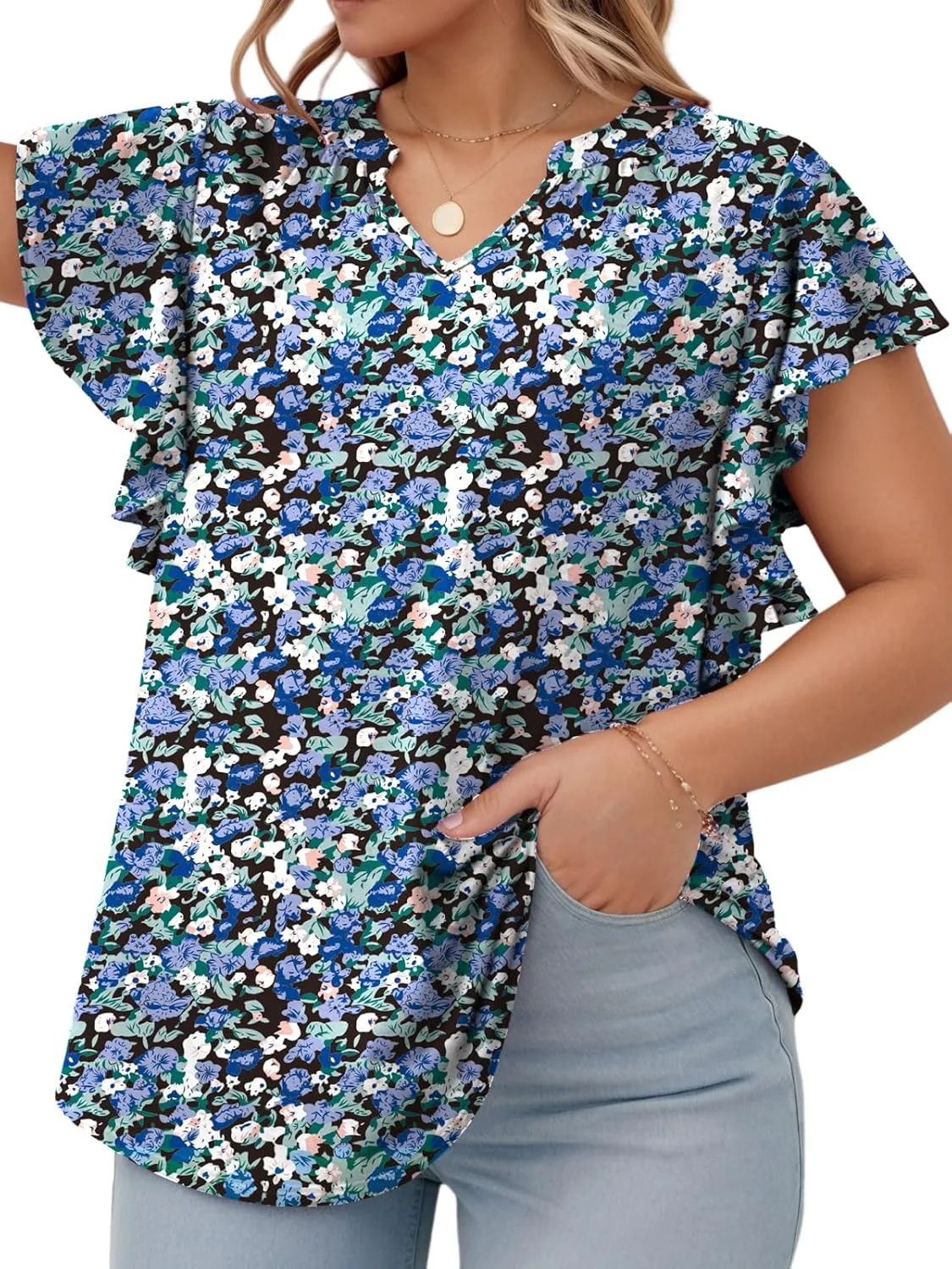 VISLILY Womens-Plus-Size-Summer-Tops Flowy Ruffle Short Sleeve T Shirts Cute Notched V Neck Tunics Casual Blouses Tee XL-5XL