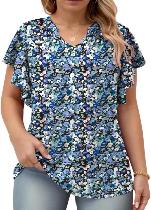 VISLILY Womens-Plus-Size-Summer-Tops Flowy Ruffle Short Sleeve T Shirts Cute Notched V Neck Tunics Casual Blouses Tee XL-5XL