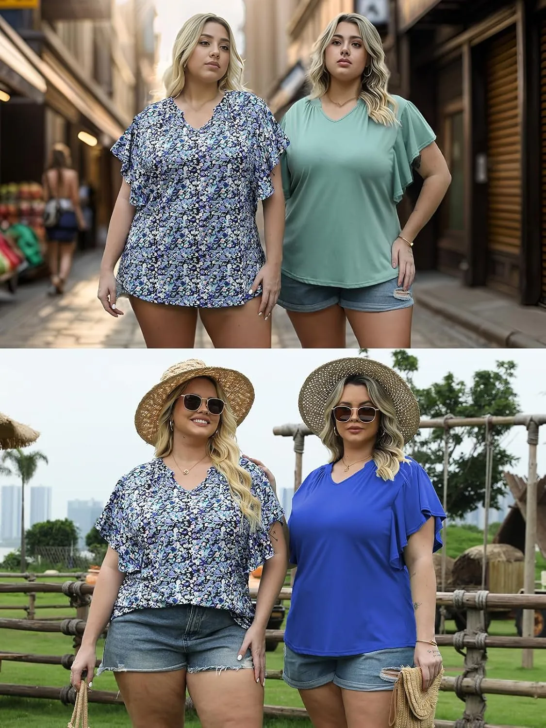 VISLILY Womens-Plus-Size-Summer-Tops Flowy Ruffle Short Sleeve T Shirts Cute Notched V Neck Tunics Casual Blouses Tee XL-5XL