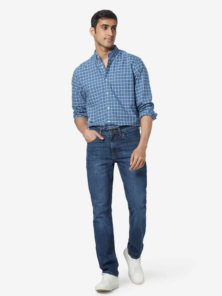 WES Casuals Blue Relaxed-Fit Checked Shirt