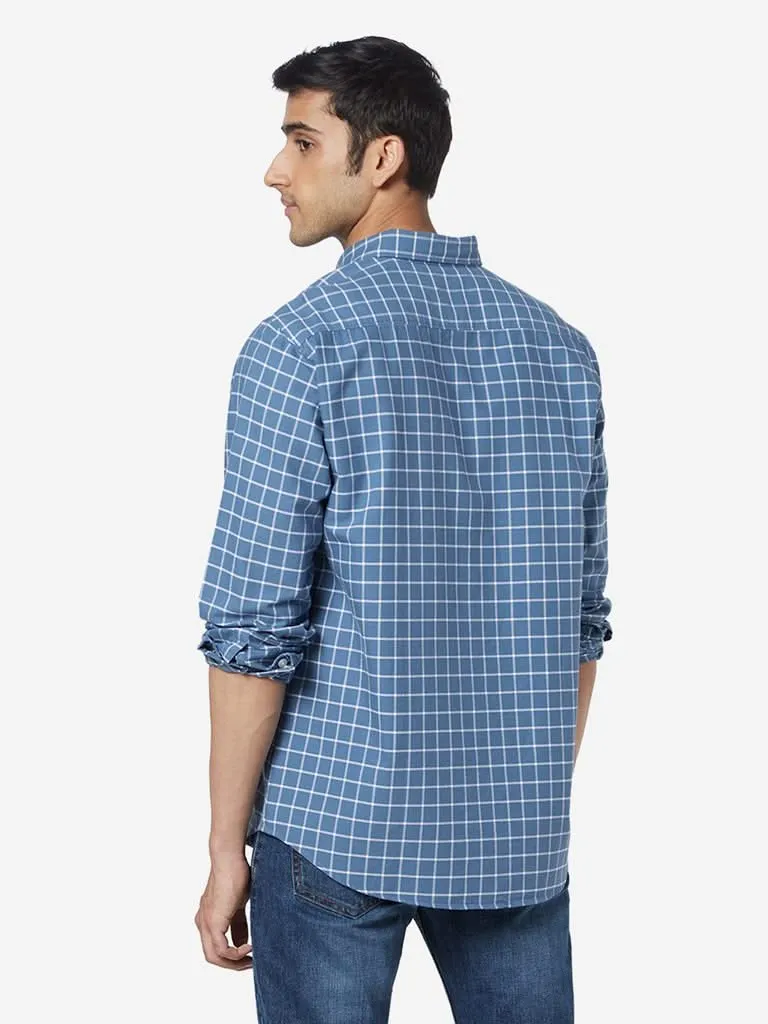 WES Casuals Blue Relaxed-Fit Checked Shirt