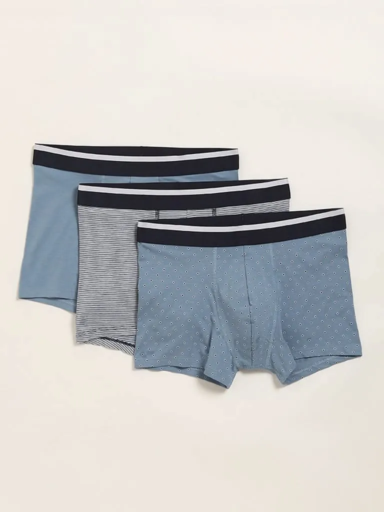 WES Lounge Light Blue Cotton Blend Relaxed Fit Trunks - Pack of 3