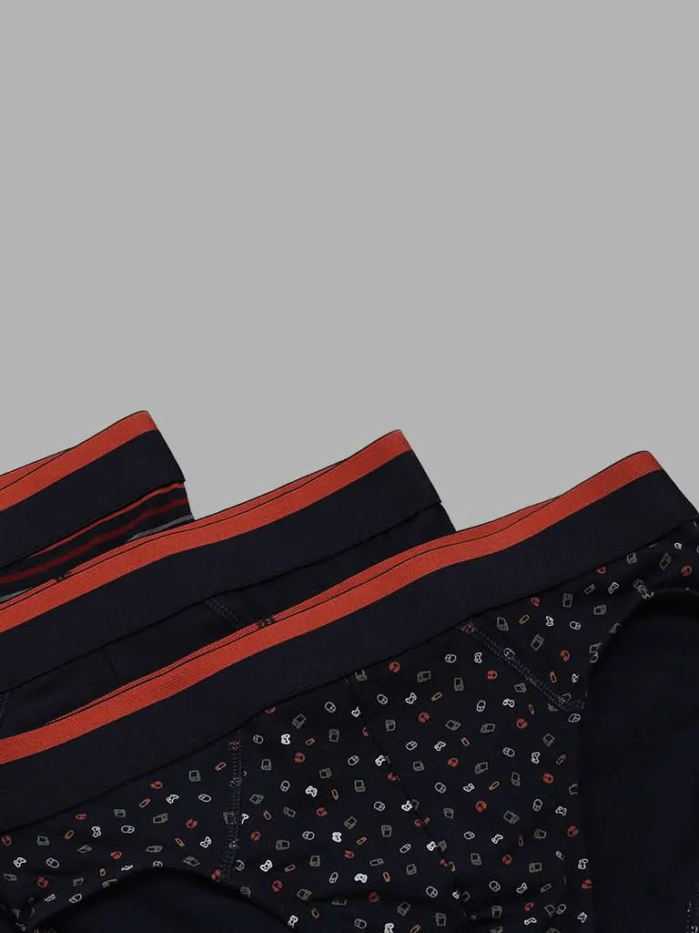 WES Lounge Navy Printed Basic Briefs - Pack of 3