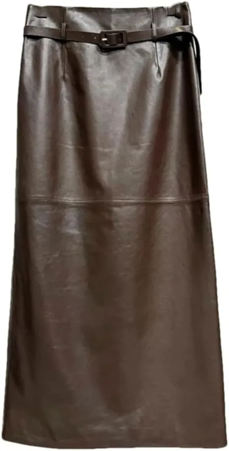 Women Leather Pencil Midi Skirt High Waist Belt Split Long Straight Skirt Solid Bodycon Wrap Skirt