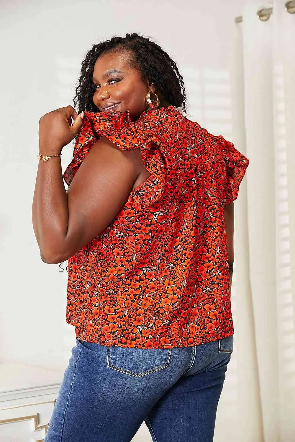 Women's Double Take Floral Flutter Sleeve Notched Neck Blouse