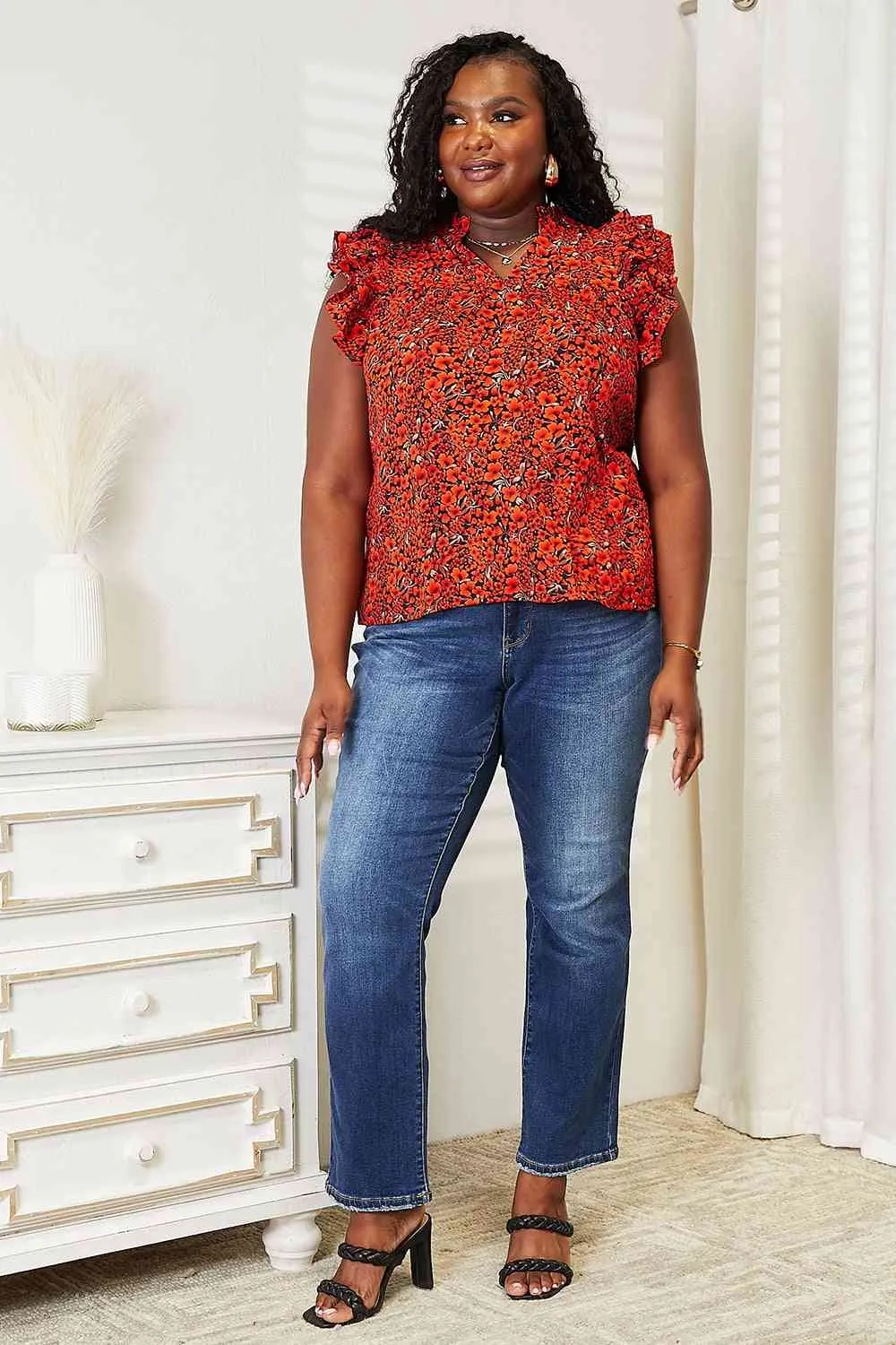 Women's Double Take Floral Flutter Sleeve Notched Neck Blouse