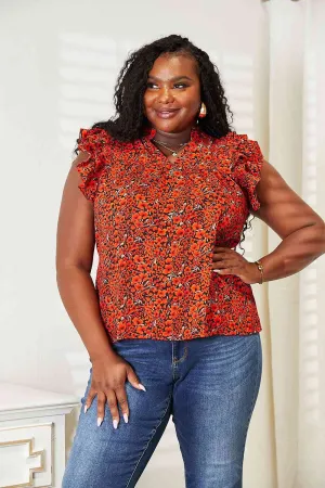 Women's Double Take Floral Flutter Sleeve Notched Neck Blouse