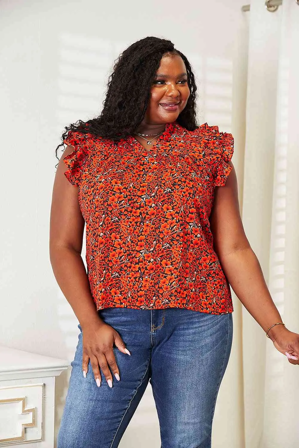 Women's Double Take Floral Flutter Sleeve Notched Neck Blouse