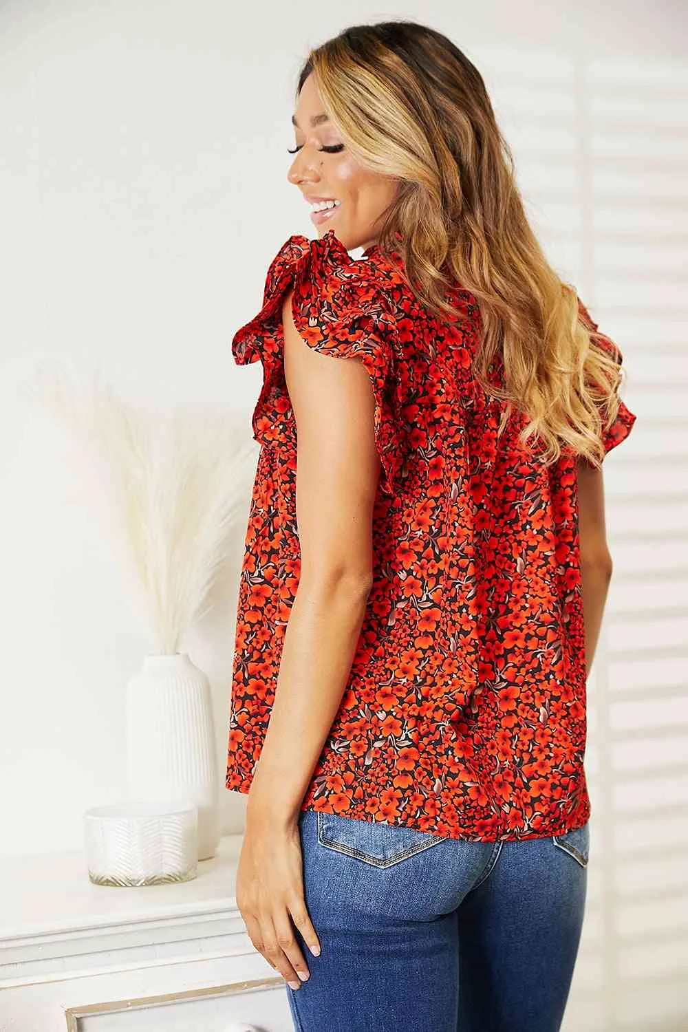 Women's Double Take Floral Flutter Sleeve Notched Neck Blouse