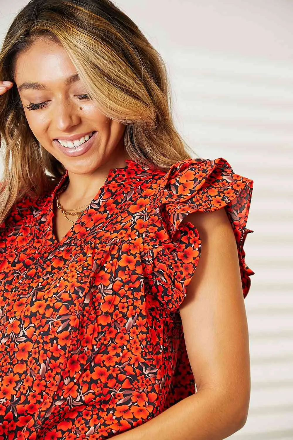 Women's Double Take Floral Flutter Sleeve Notched Neck Blouse
