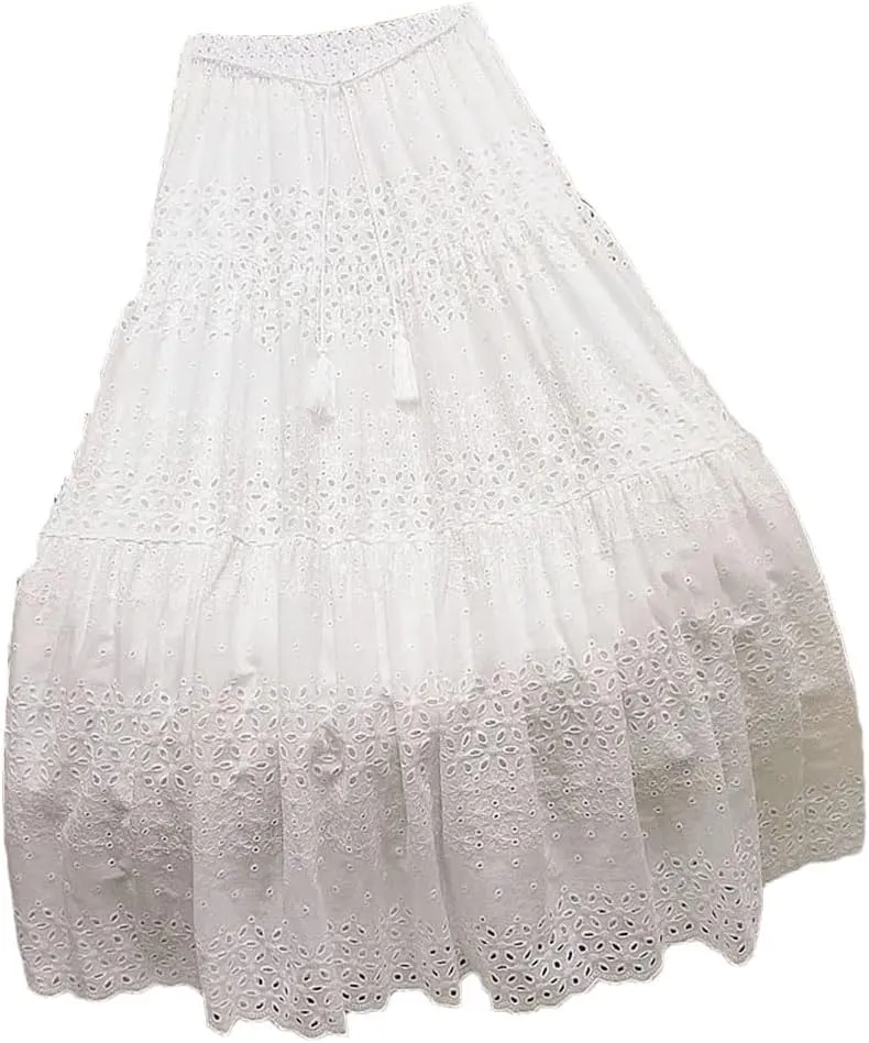 Women's Hollow Lace Skirt Solid Color A-Line High Waist Midi Skirt