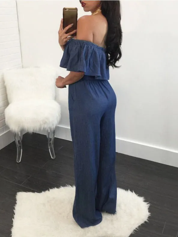 Women's Jumpsuits One-Shoulder Ruffled Lace-Up Denim Jumpsuit