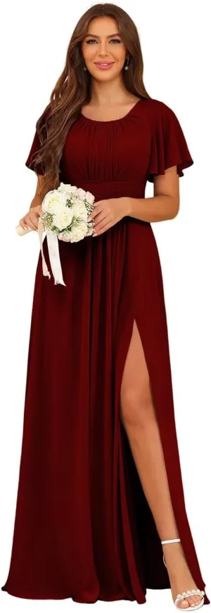 YMSHA A Line Chiffon Pleated Bridesmaid Dresses Short Sleeve Formal Party Dress YMS377